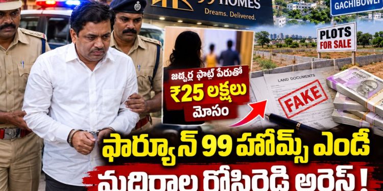 #Fortune99Homes, #MadiralaRosireddy, #Fortune99HomesMDMadiralaRosireddyArrest, #RealEstateFraud, #RealEstateScam, #HyderabadCrime, #BanjaraHillsPolice, #JadcherlaLandScam, #PlotFraud, #LandScam, #CheatingCase, #FakeDocuments, #HyderabadNews, #TelanganaNews, #RealEstateNews, #CrimeNews, #BanjaraHills, #Gachibowli, #MadiralaRosireddyArrest ,CRIMENEWS ,Telangana